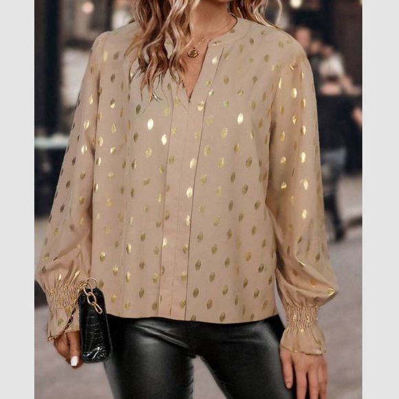 Luxe gold polka dots notched neck long sleeve blouse - Picture 5 of 8